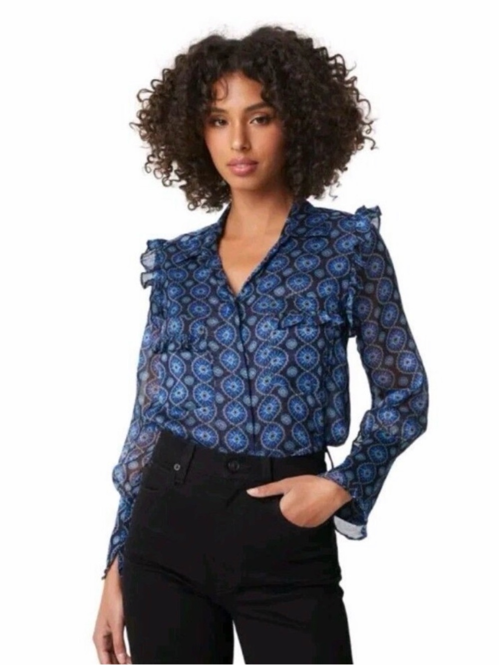 Misa Los Angeles Navy and Cobalt Geometric Button-Up Blouse